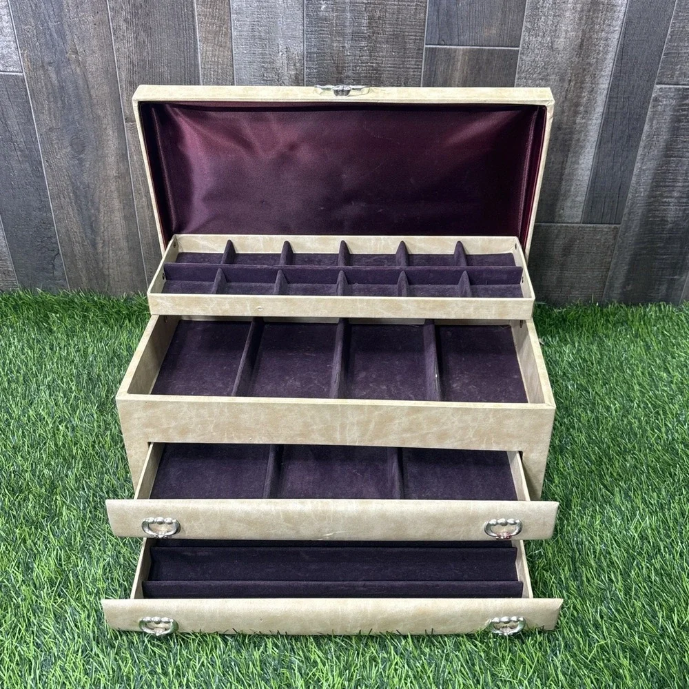 Vintage Buxton Art Deco Jewelry Box Chest Cream Burgundy Velvet 2 Drawer